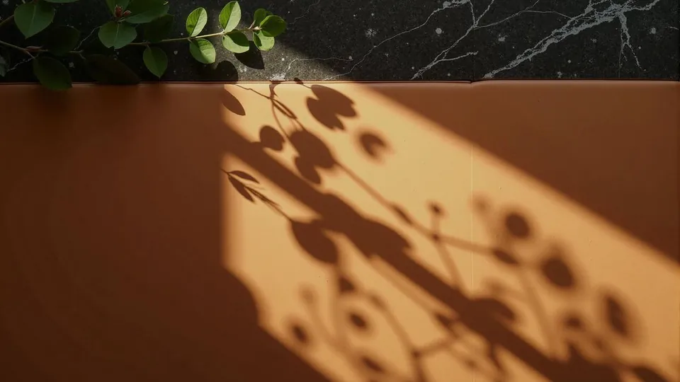 Leaf shadows across a warm orange wall