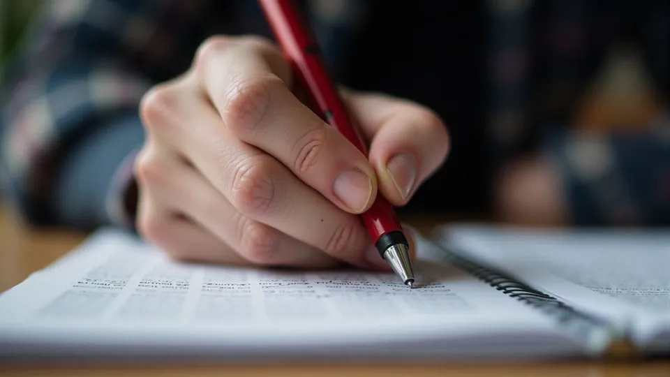 A hand writing a note on a printed page with a red pen